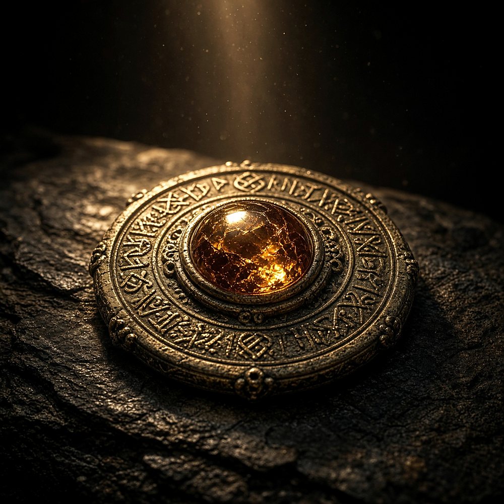 An ancient runic disc with a glowing amber core, resting on dark stone.